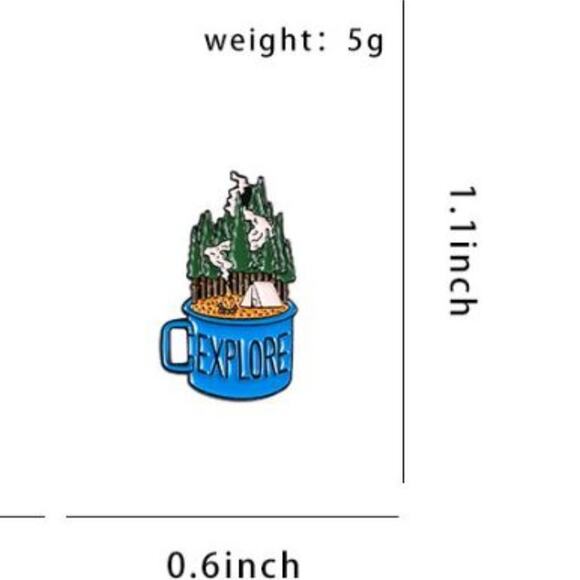 Explore Camping Fire Tent Wilderness Coffee Brooch - Picture 2 of 3